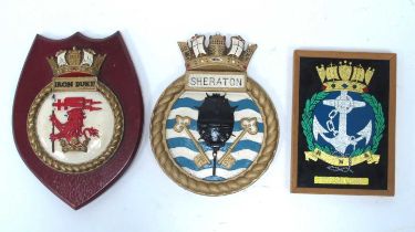Naval Ship Crest Plaques - HMS Sheraton (23cm), HMS Iron Duke, on wooden shield (25cm); Royal