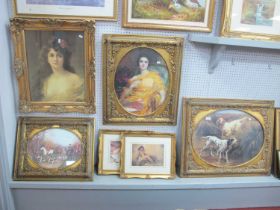 XIX Century Style Hunting Prints, XIX Century style portraits of ladies and two Russell Flint prints