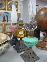 Late XIX Century Iron Based Oil Lamps, with pink, green and amber glass wells. Some loss to paint,