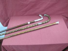 Knobbly Silver Handled Cane, another with silver top, a knobbly example with silver ferrule and top,