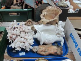 Coral Specimen, pottery boot, stoneware tramp, cherub posy:- One Tray