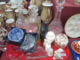 Cut Glass Decanter, other decanter, Poole figure of a dolphin, Masons jar cover, etc:- One Tray