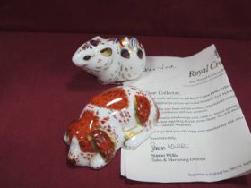 Royal Crown Derby Collectors Guild Paperweights, 'Puppy' and 'Bank Vole', both gold stoppers (2).