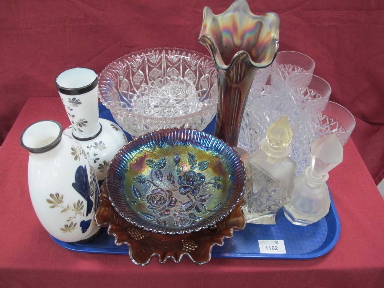 Cut Glass Scent Bottles, Victorian painted glass vases, set of six diamond cut tumblers, bowls,