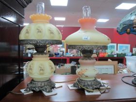 Two Cream Glass Table Lamps, as oil lamps (2).