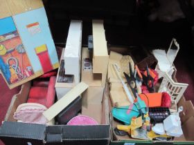 Sindy Dolls Kitchen Furniture, fire place, settees, dressing table, motorbikes, etc:- Two Boxes.