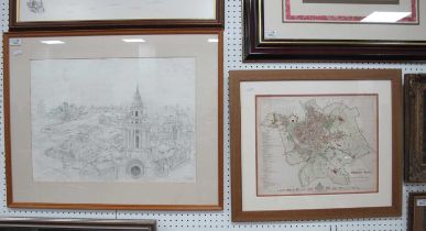 Tim Rose (Sheffield Artist) Westward from St Paul's (London) pencil sketch, signed lower right, 40.5