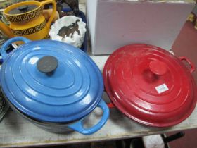 Blue Enamel Oval Pan with Lid, shallow red circular example, the lid 31.5m diameter (2).