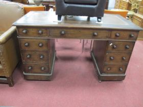 XIX Century Oak Pedestal Desk, with a crossbanded top, brown leather scriver, three drawers, twin