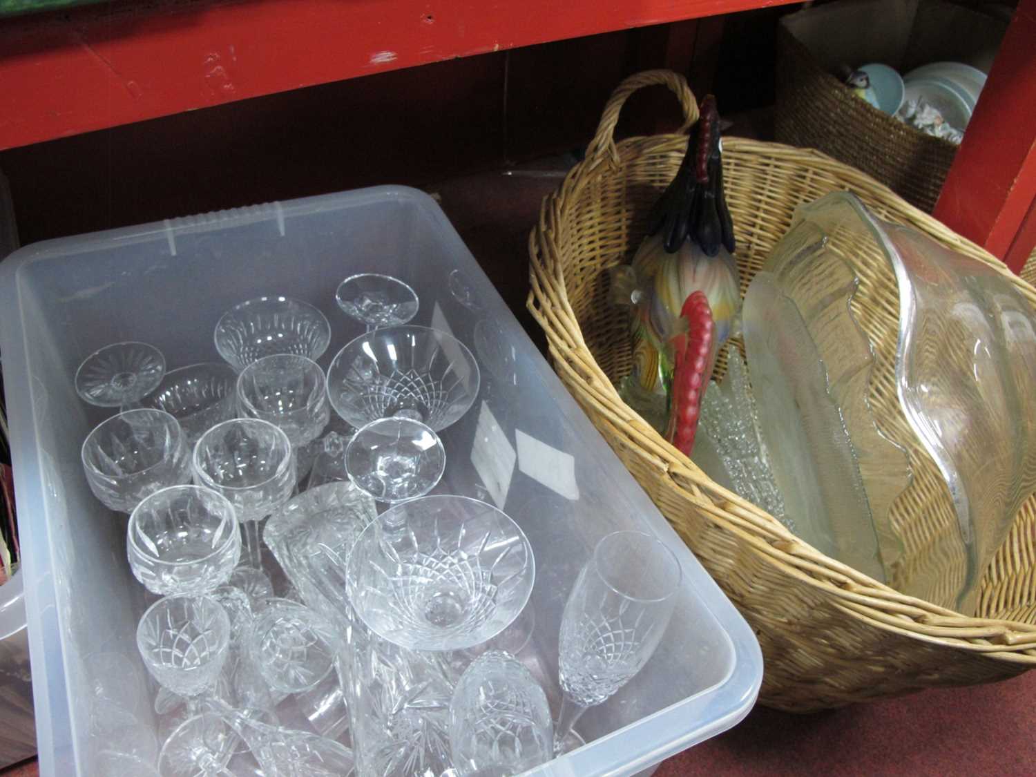 Drinking Glasses, including Stuart, Cockerel, plates, vase, etc. Basket and box.
