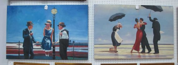 In The manner of Jack Vettriano, Smoking at the harbour side and Dancing on The Beach, pair of oils,