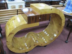 Art Deco Birds Eye Maple Side Table, of open cloud form with single drawer, on horizontal tubular