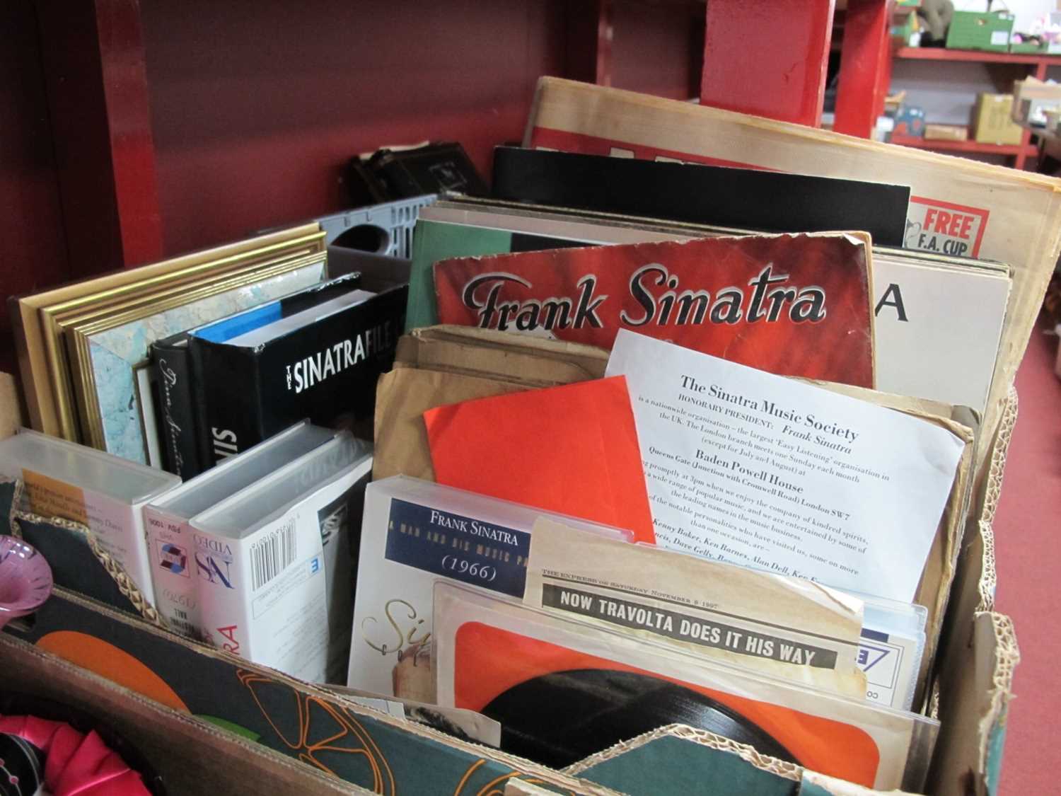 Frank Sinatra - records, vhs videos, various publications, postcard, etc:- One Box.