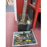 Spanners, soldering iron, chisels, cobblers last, spirit level etc, in wooden tool box and plastic