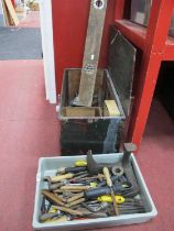 Spanners, soldering iron, chisels, cobblers last, spirit level etc, in wooden tool box and plastic