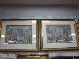 George Cunningham, Snowy Sheffield City Centre scenes, pair of colour prints 31 x 43cm