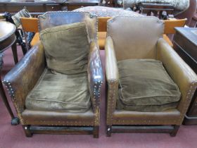 A Pair of 1930's Armchairs with stud decoration on square supports.