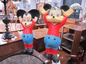 Two Carved and Painted Wooden Mickey Mouse Figures, each with arms aloft, the tallest 93cm (2).