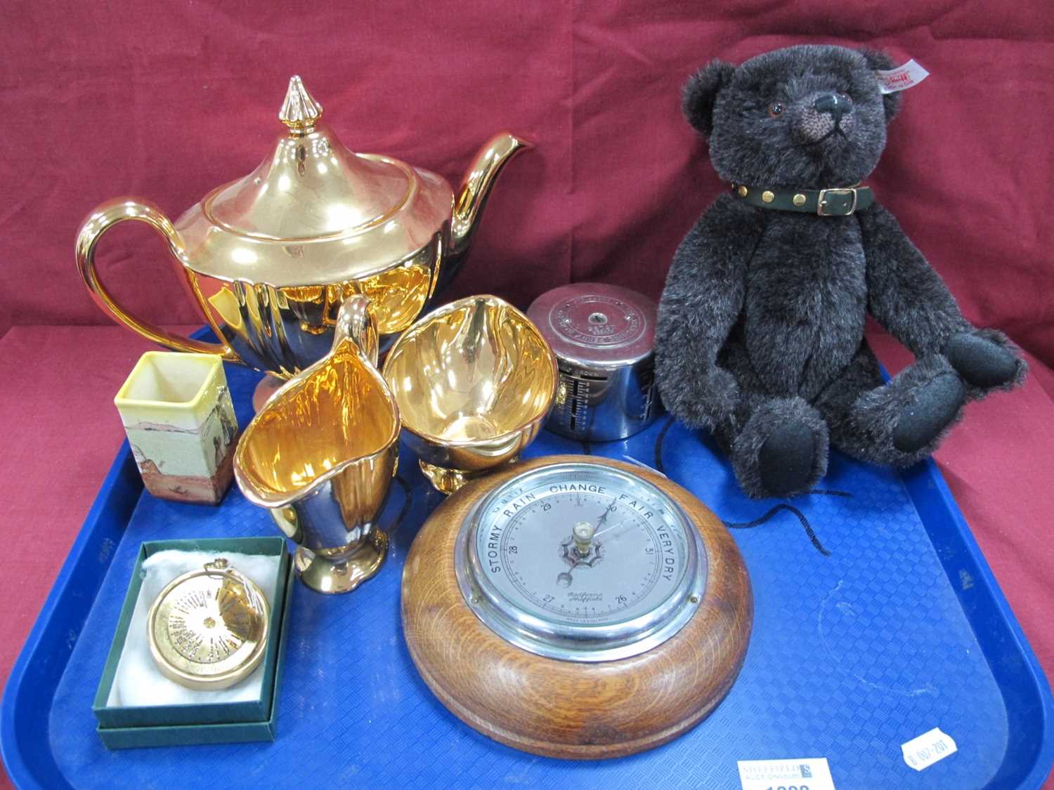 Steiff Black Teddy Bear. Royal Winton "Grimwades" gilt tea service. Anoroid barometer, etc:- One