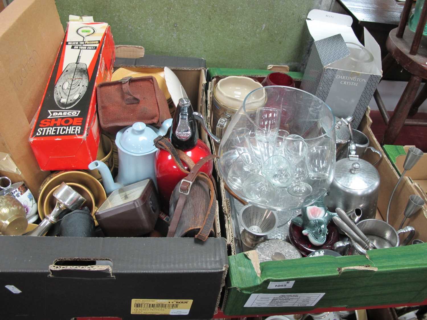 Cameras, shoe stretcher, soda syphon, Old Hall tea set, dinnerware, glassware, etc:- Two Boxes