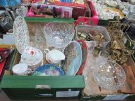 Brass Ware, canasta set, glassware, Colclough tea set, Wedgwood collectors plates, etc:- Two Boxes.