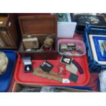 Military Cloth Badges, purse, gold soft toy frog, caddy box, etc:- One Tray.