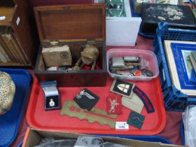 Military Cloth Badges, purse, gold soft toy frog, caddy box, etc:- One Tray.