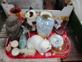 B. Linley - Adams, Poole pottery owl, Sylvac pottery cat, glass fish, etc:- One Tray.