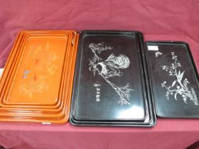 Late XIX Century Chinese (4) Black Lacquer Inlad Trays, of a butterfly, foliage decoration, XX