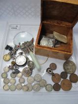 Chinese Magnifying Glass, 1935 crown, eleven silver threepences, other coinage, pocket watch,