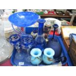 Mottled Blue Glass Modern Tazza, Bohemian glass vases, overlaid blue glass decanter and stopper