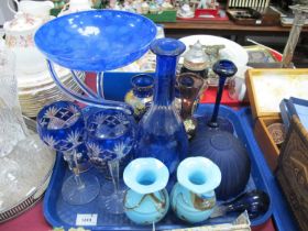 Mottled Blue Glass Modern Tazza, Bohemian glass vases, overlaid blue glass decanter and stopper