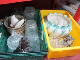 Jardiniere, glass vases, lidded jar, figurine, etc:- Two Boxes