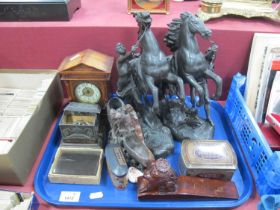 Pair Spelter Marley Horses 28cm high, soapstone posy vase, mantle clock, Oxo zoo house tin etc:- One