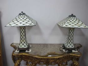 Pair of Tiffany Style Table Lamps, each with yellow insets to opaline leaded shade and waisted body,