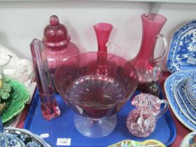 Cranberry Tinted Glassware, including jugs, bon bon dish, bell, jar and cover, bud vase, etc:- One