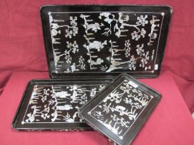 Late XIX Century Black Lacquer Tray, with mother of pearl inlay, figures etc, 29.5 cm wide, together