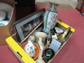 Table Lamp, pair of Mitchell prints, brass dinner gong, etc:- One Box