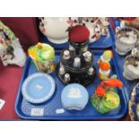 Royal Crown Derby Thimbles, (13) on ebonized display stand, Japanese condiments, Wedgwood:- One