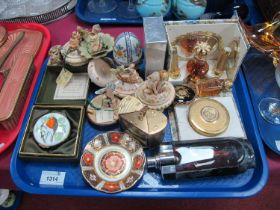 Europea Travel Clock, trinket boxes, perfume set, crummels patch box, etc:- One Tray
