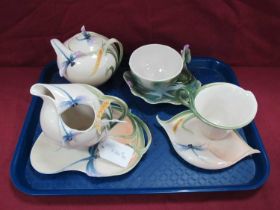 Franz Porcelain Sugar Bowl, 11cm high, jug, cup and two dishes, each with dragonfly decoration, a