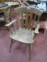 XIX Century Style Ash Kitchen Chair, with a shaped top rail, shaped arms on turned legs, united by