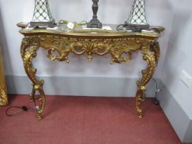 XVIII Century Style French Gilt Rococo Console Table, with glass top, frieze with C scroll and