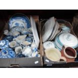 Blue and White Table Pottery, various jugs, etc:- Two Boxes.