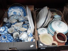 Blue and White Table Pottery, various jugs, etc:- Two Boxes.