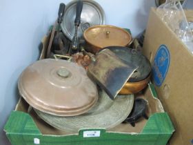 Charles Doubble & E. Jordan Desk Stamps, copper ashtrays, pan, brass tazza, etc:- One Box.