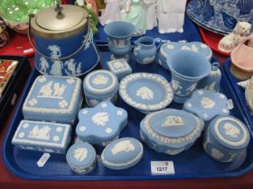 Wedgwood Jasperware Biscuit Barrel, with plated lid and a collection of assorted trinkets:- One