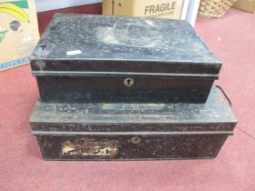 John Phillips of London Black Metal Deed Box, 40cm wide, another smaller (2).