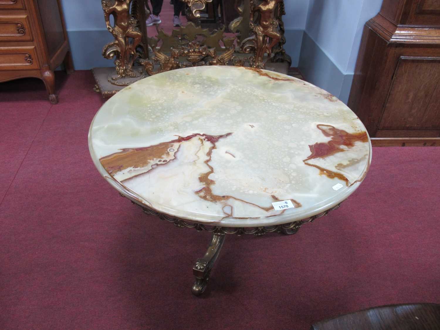 Italian Brass Based Circular Coffee Table, with three feet and onyx top, 70cm diameter.