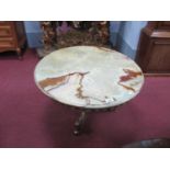 Italian Brass Based Circular Coffee Table, with three feet and onyx top, 70cm diameter.